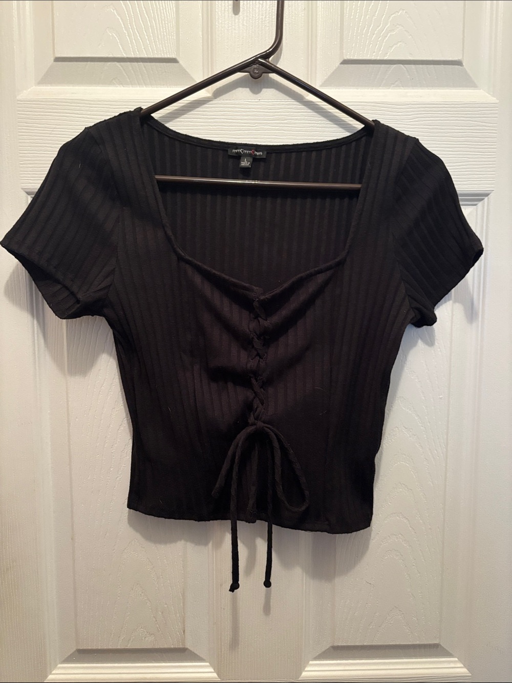 MCM Black Ribbed Lace-Up Short Sleeve Crop Top
